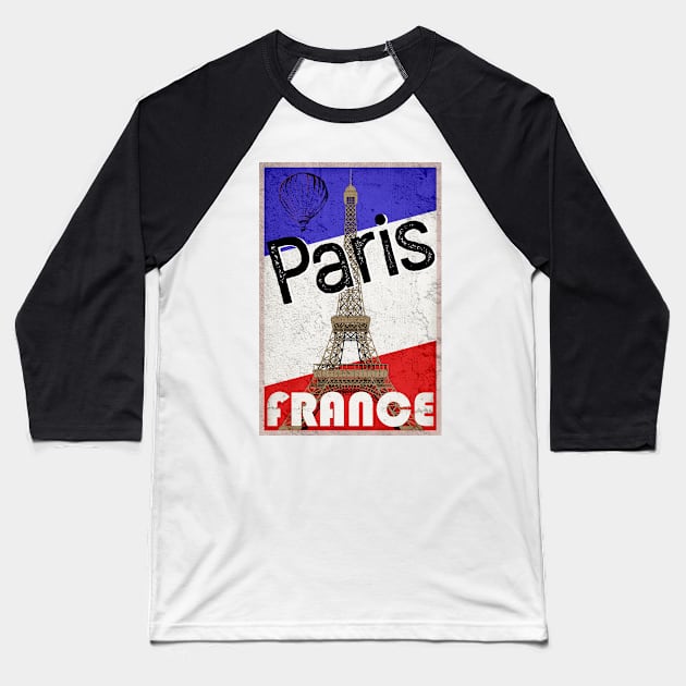 Paris France Eiffel Tower French Flag Hot Air Balloon Baseball T-Shirt by TravelTime